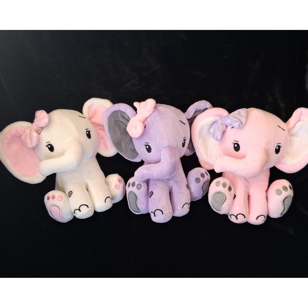 Lot of 3 Cute Elephant Plush Stuffed Animals White Pink Purple Girl Baby Shower